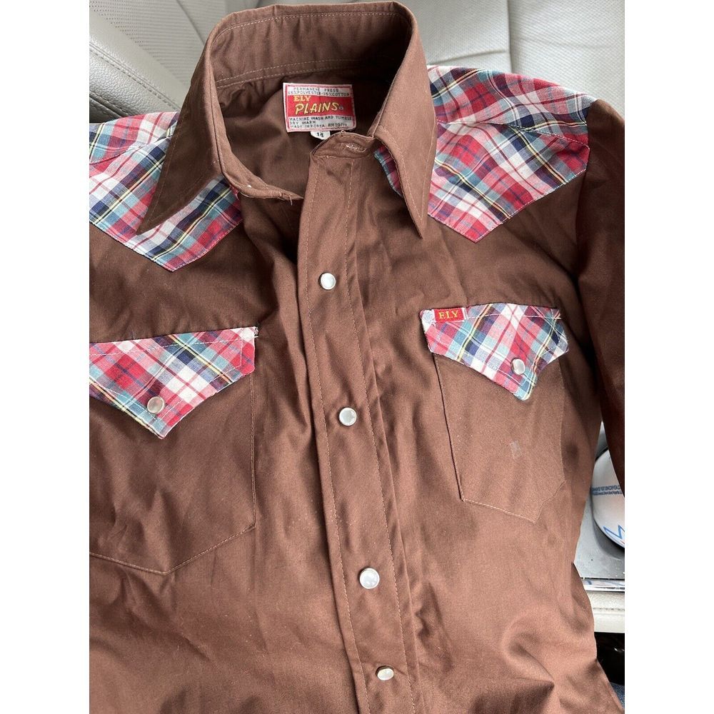 Vintage Youth Ely Plains Brown Shirt Size 14 Pearl Snap